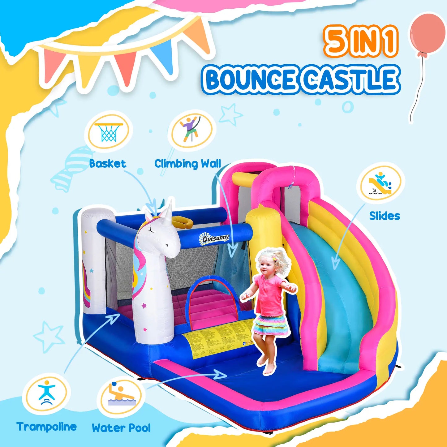 5 in 1 Inflatable Bounce Castle, Trampoline Water Slide, 12.4' x 10.5' x 6.9', Multi-color Inflatables at Gallery Canada