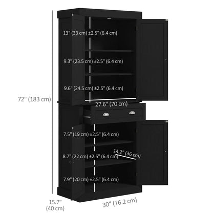 72 Inch Tall Pantry Cabinet, 4 Door Kitchen Storage, Black Wood Grain, Black Kitchen Pantry Cabinets at Gallery Canada