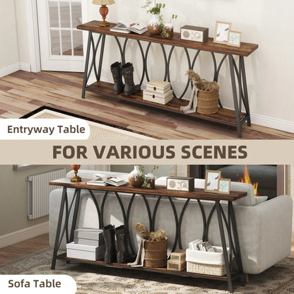 71" Console Table, Industrial 2-Tier Narrow Entryway Table, Rustic Brown, Brown Console Tables at Gallery Canada