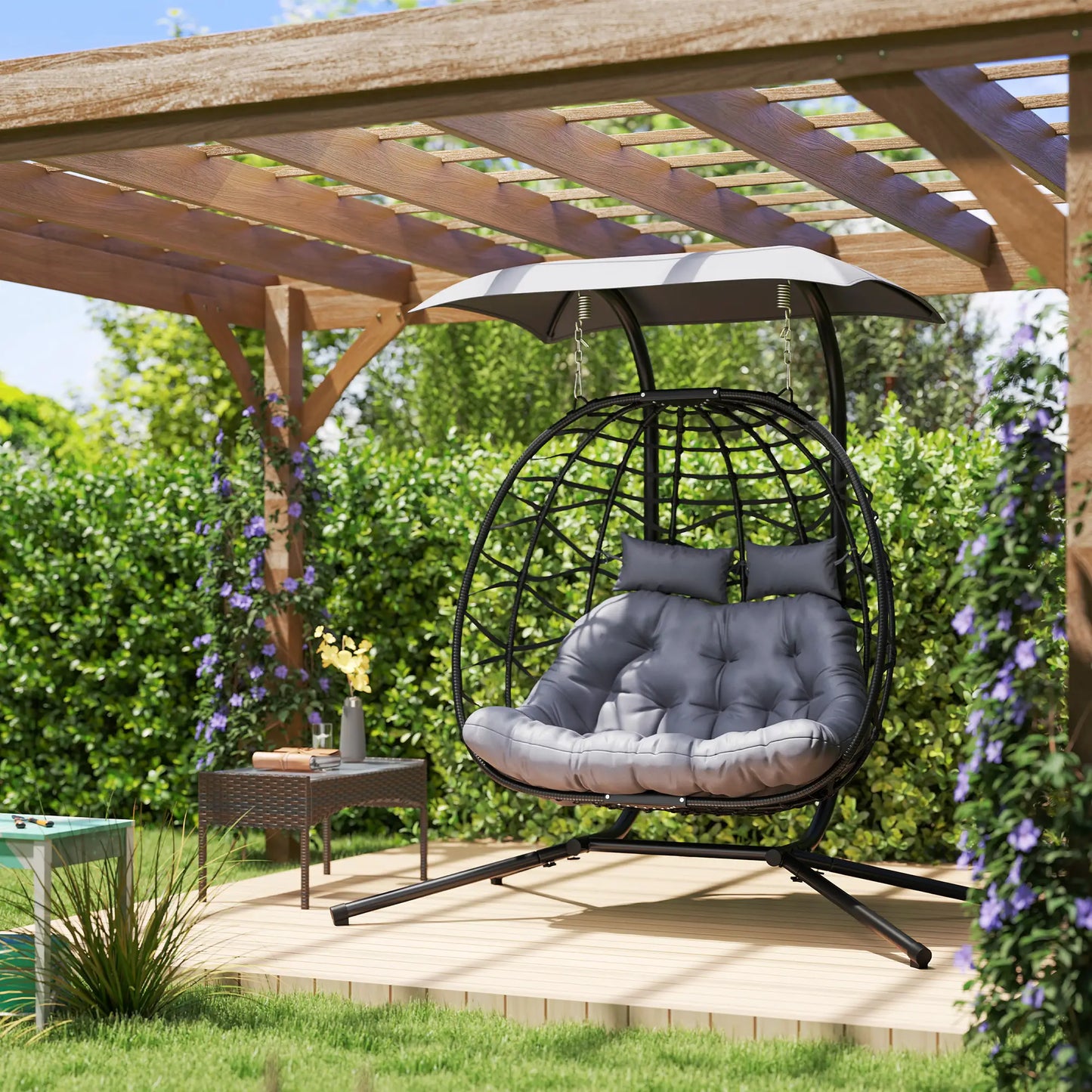 Double Wicker Egg Swing Chair, Foldable with Stand, Black Patio Swings with Stand at Gallery Canada