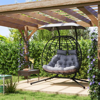 Double Wicker Egg Swing Chair, Foldable with Stand, Black Patio Swings with Stand at Gallery Canada