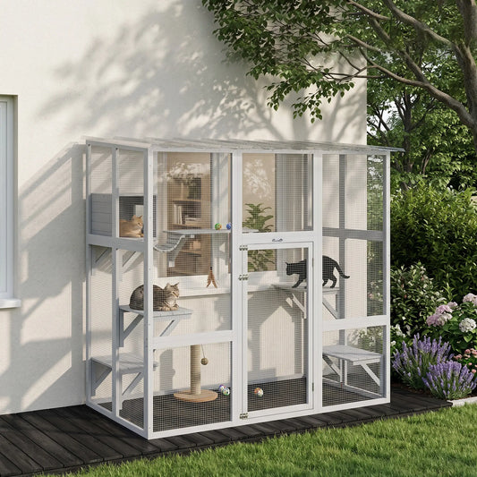 Outdoor Cat Enclosure, Window Box, Weatherproof Roof, Bridge, Resting Box, Platforms, for 2 Kittens, White Outdoor Cat Enclosures White at Gallery Canada