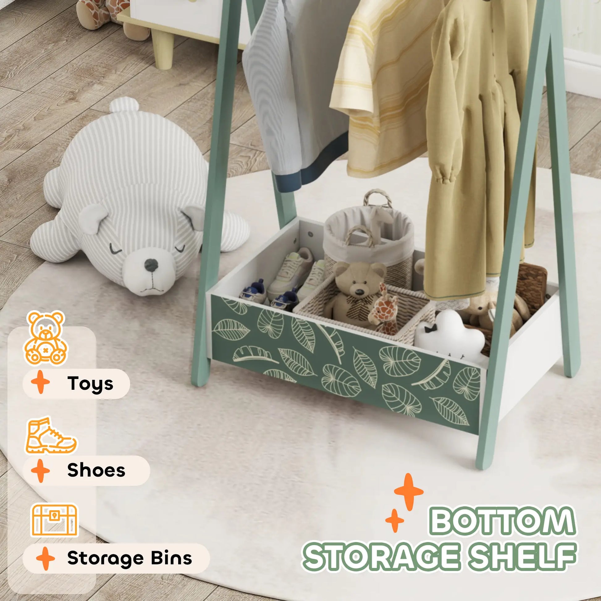 Kids Clothing Rack with Storage Shelf, Hangers, Green Kids Bedroom Furniture at Gallery Canada