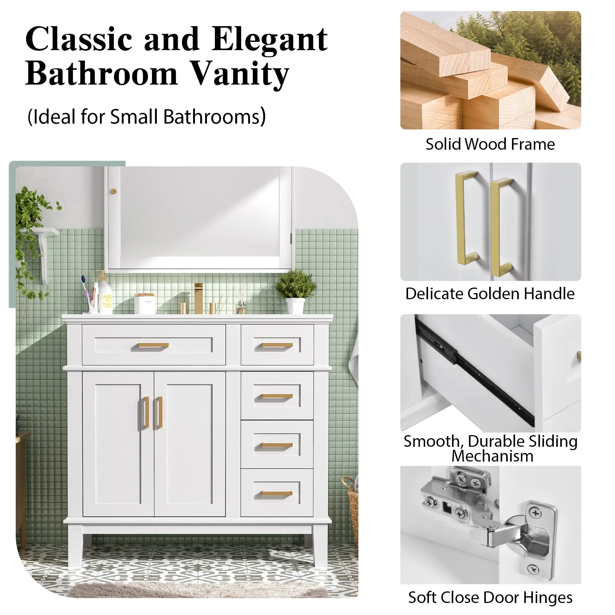 Bathroom Vanity with Ceramic Sink, Soft Close Doors, 4 Drawers, 36