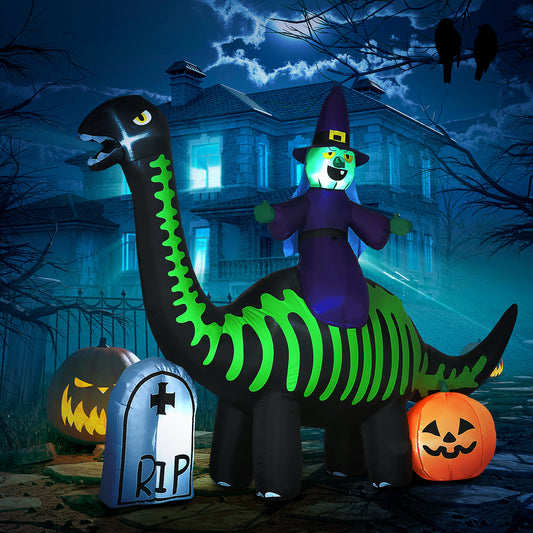 8FT Halloween Inflatables Outdoor Decorations with LED Lights, Inflatable Skeleton Dinosaur with Witch, Tombstone and Pumpkin, Blow Up Yard Decorations for Garden, Party - Gallery Canada
