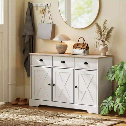 46.5" Buffet Cabinet, Farmhouse Sideboard, 3 Barn Doors, 3 Drawers, White Bar Cabinets at Gallery Canada
