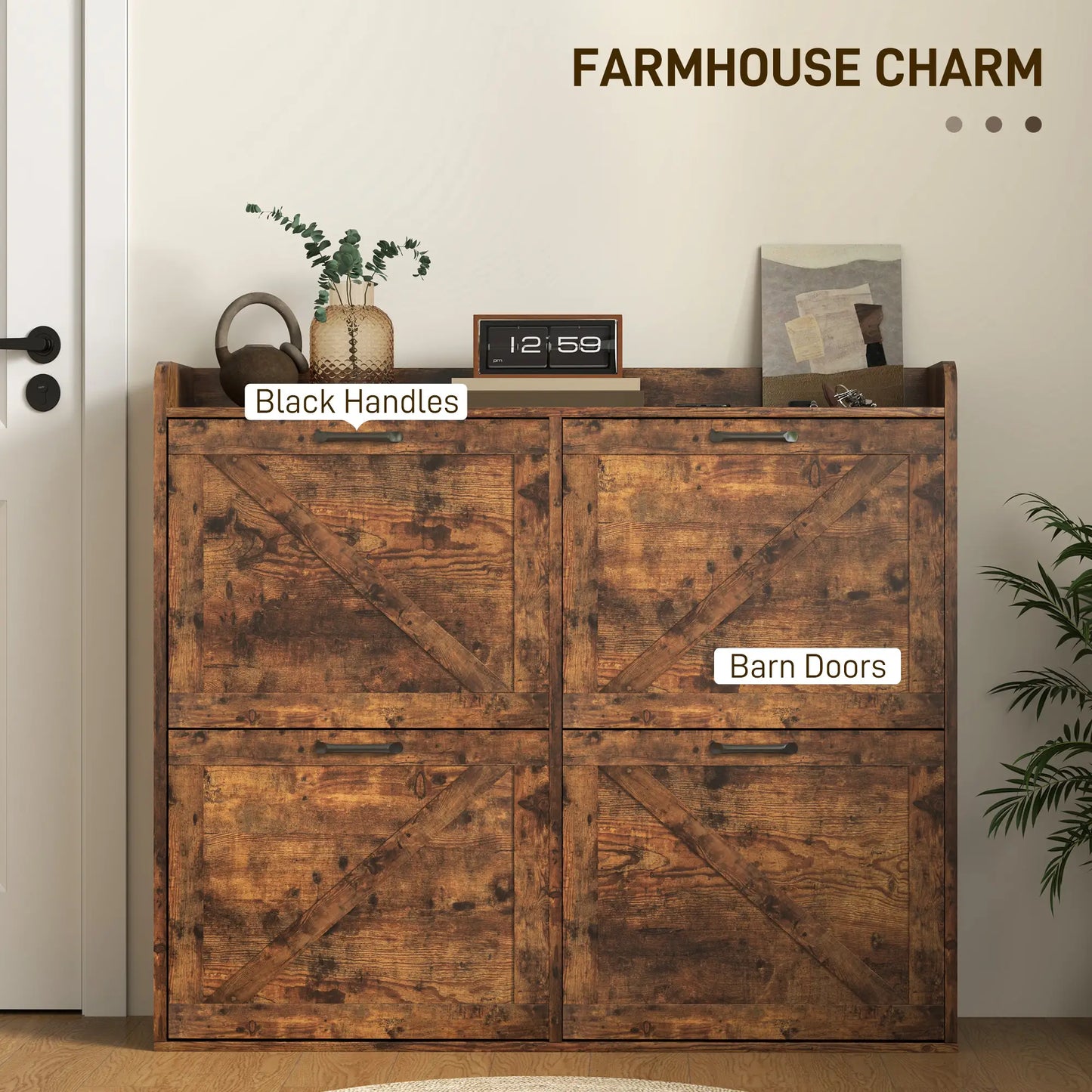 Narrow Shoe Storage Cabinet, 4 Flip Drawers, Adjustable Shelves, 16 Pair, Rustic Brown Shoe Storage Cabinets & Racks at Gallery Canada