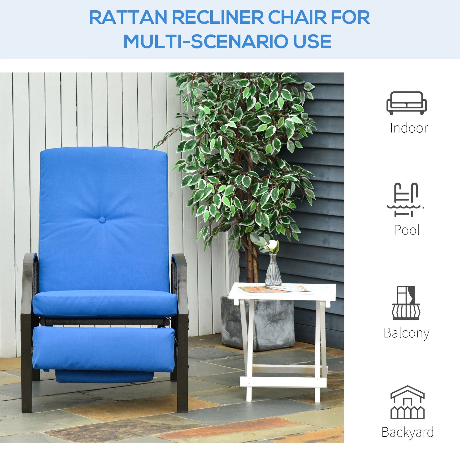 Outdoor Rattan Recliner Chair, Adjustable Back, Retractable Footrest, Blue Chaise Loungers at Gallery Canada