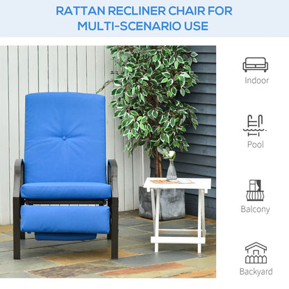 Outdoor Rattan Recliner Chair, Adjustable Back, Retractable Footrest, Blue Chaise Loungers at Gallery Canada