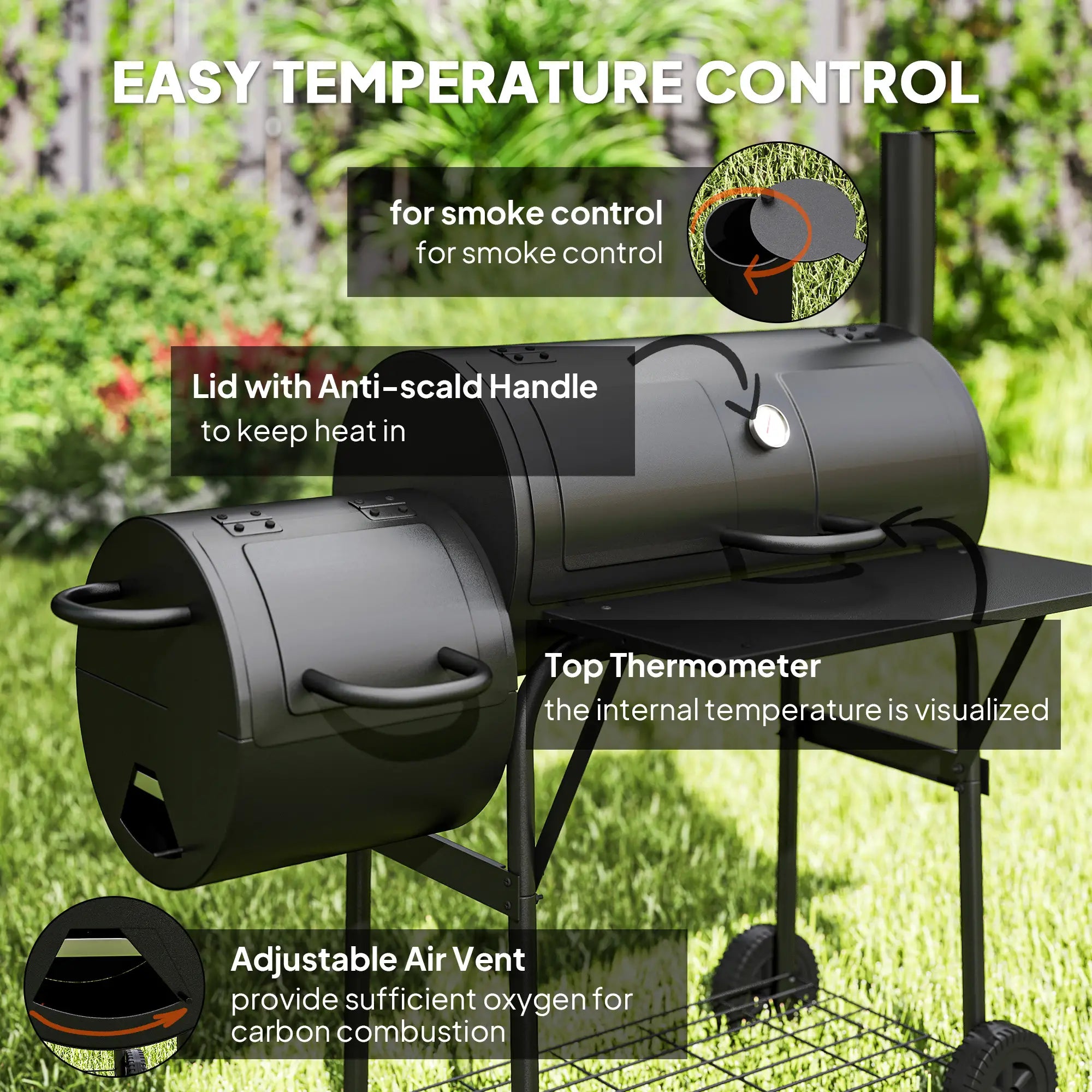 Portable Charcoal BBQ Grill With Offset Smoker, 2 Shelves, Thermometer, Wheels, Black Charcoal BBQ Grils at Gallery Canada