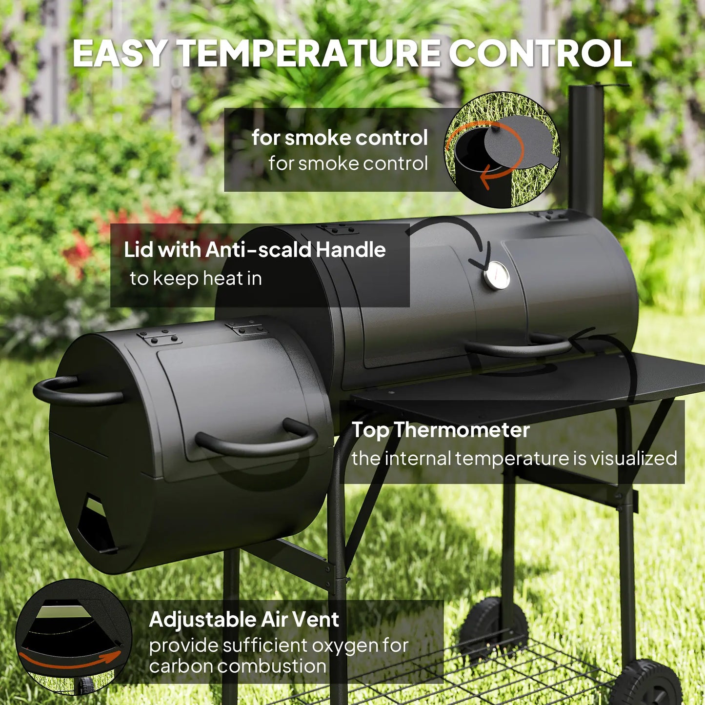 Portable Charcoal BBQ Grill With Offset Smoker, 2 Shelves, Thermometer, Wheels, Black Charcoal BBQ Grils at Gallery Canada