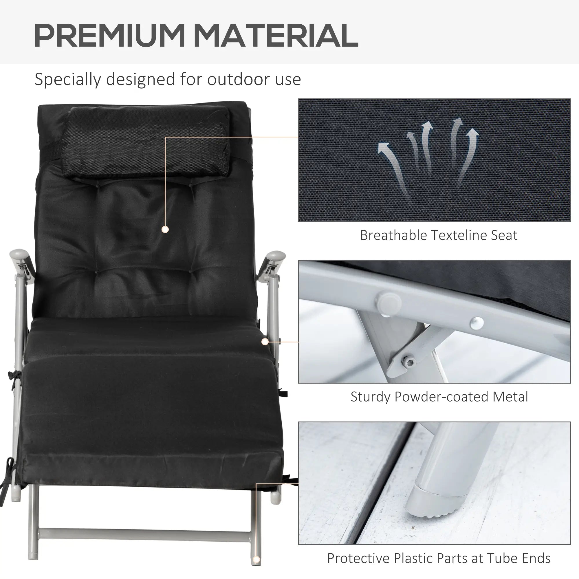 Outdoor Folding Chaise Lounge, Adjustable Backrest, Black Lounger Chairs at Gallery Canada