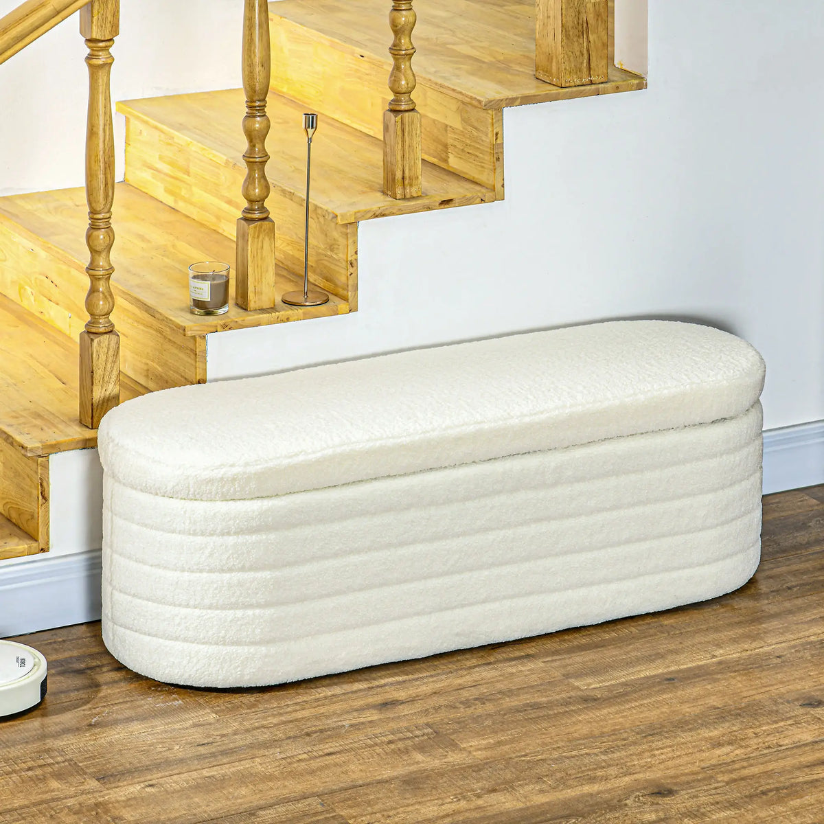 Banc de lit rembourré en polaire Teddy, 116 cm, Blanc Crème, Blanc Crème