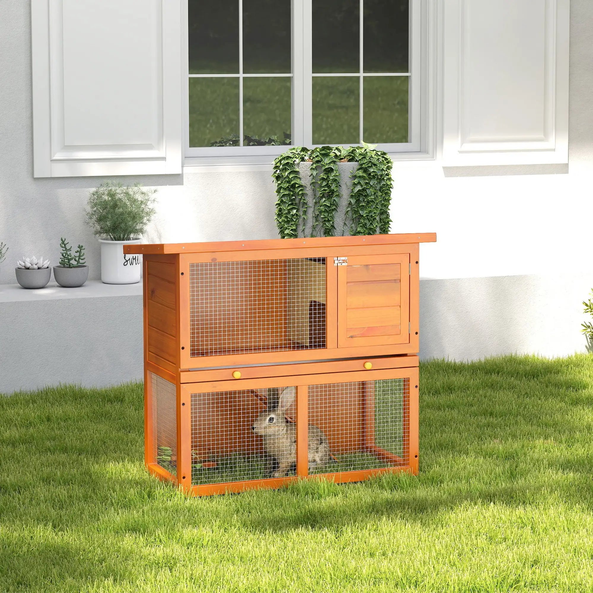 Wooden Rabbit Hutch, Small Animal Cage, 2-Level with Run Rabbit Hutch at Gallery Canada