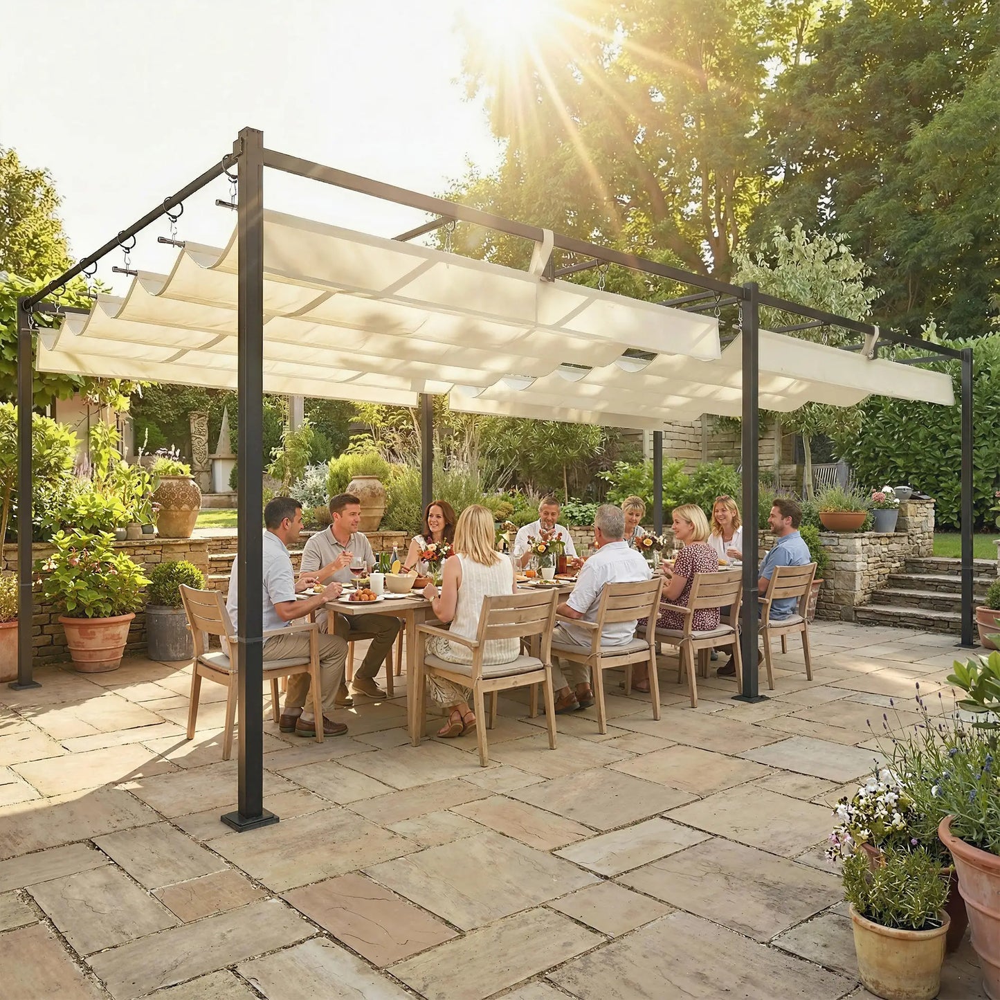 19' x 10' Pergola, Retractable Canopy, UV50+, Cream Pergolas at Gallery Canada