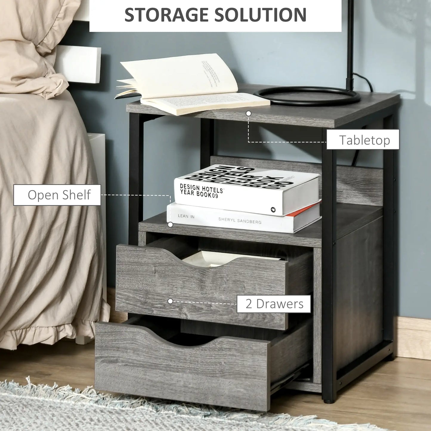 Industrial Nightstand, 2 Drawers with Storage Shelf, Grey Side Tables at Gallery Canada