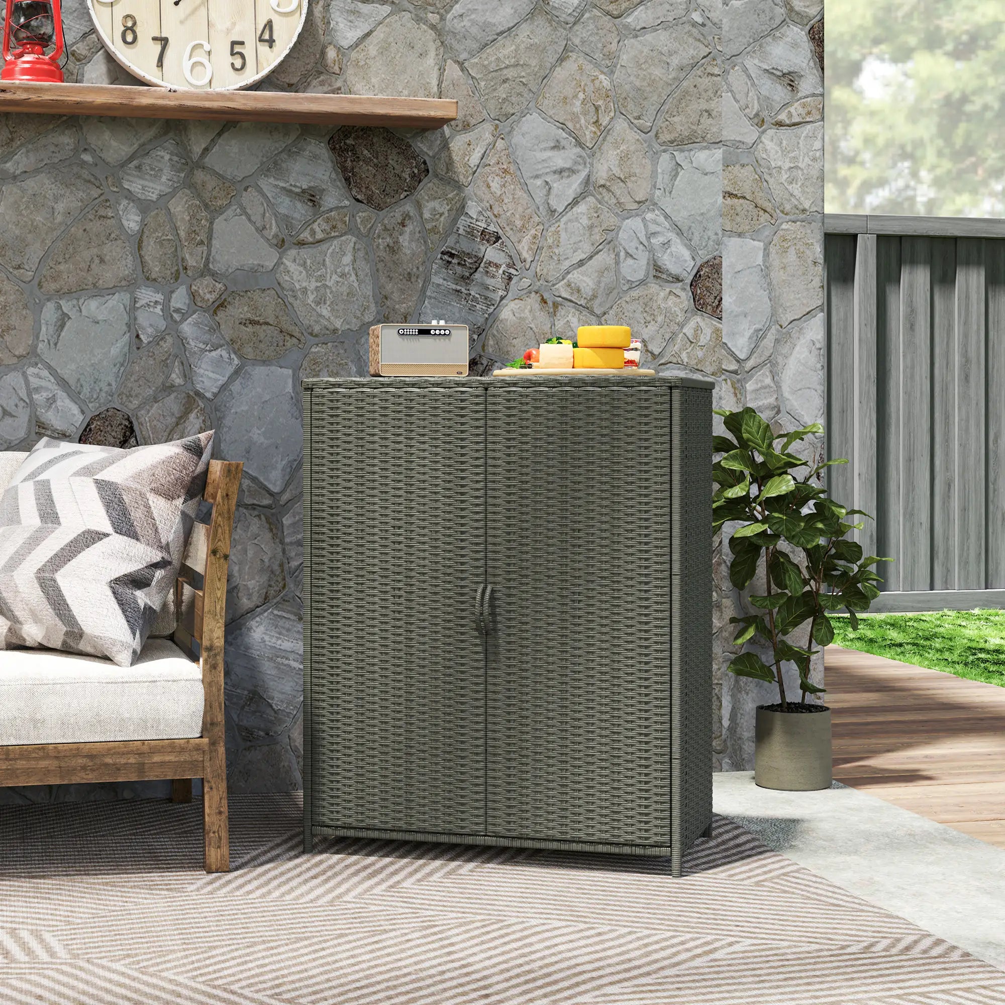 Wicker Outdoor Storage Cabinet, 4 Shelves, 2 Doors, Dark Grey Patio Storage Boxes at Gallery Canada