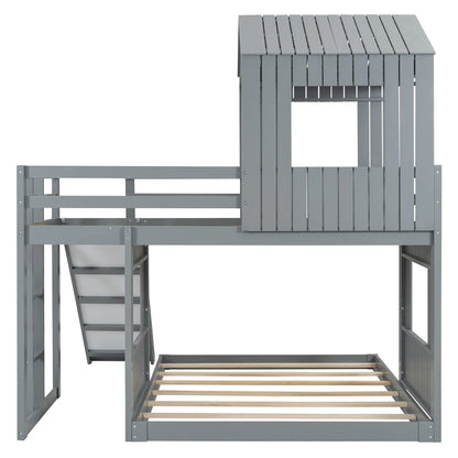 Twin Over Full Bunk Bed with Playhouse, Ladder, Slide, Guardrails, 82" L x 89" W x 82.5" H, Grey Bed Frames at Gallery Canada
