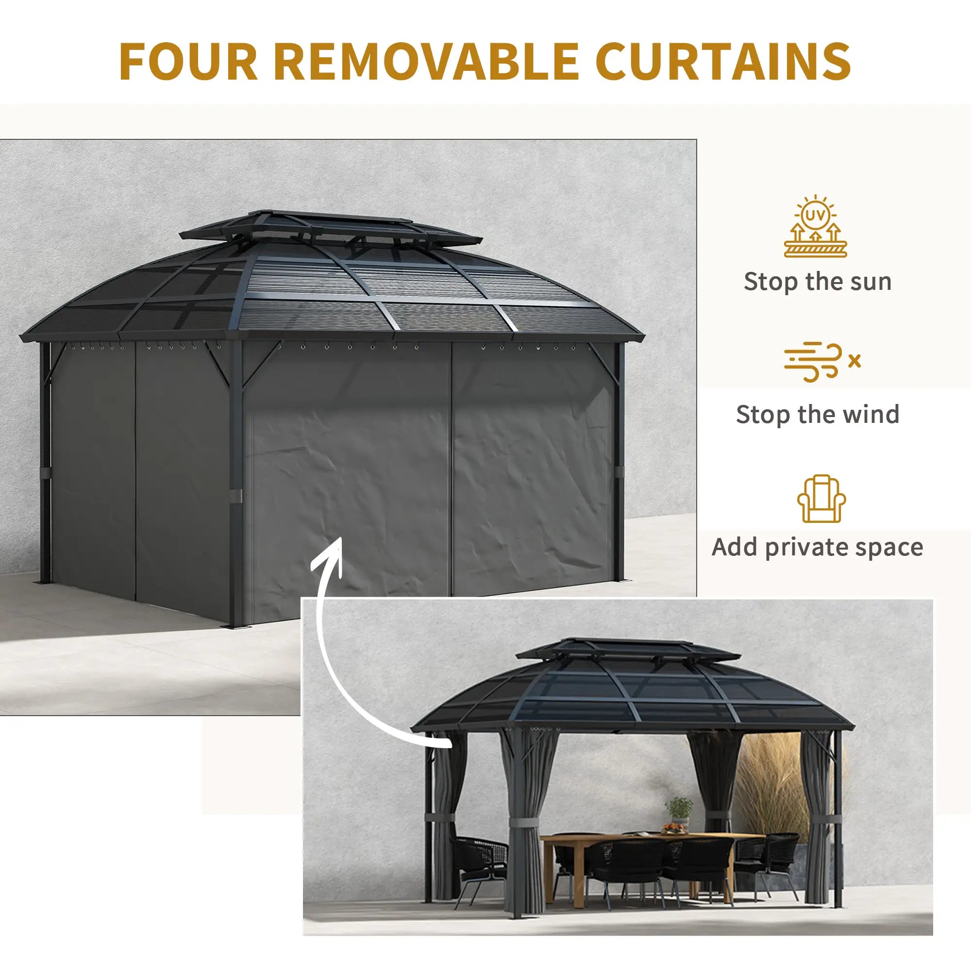 13' x 10' Patio Gazebo, Double Roof, With Curtains, Black Gazebos at Gallery Canada