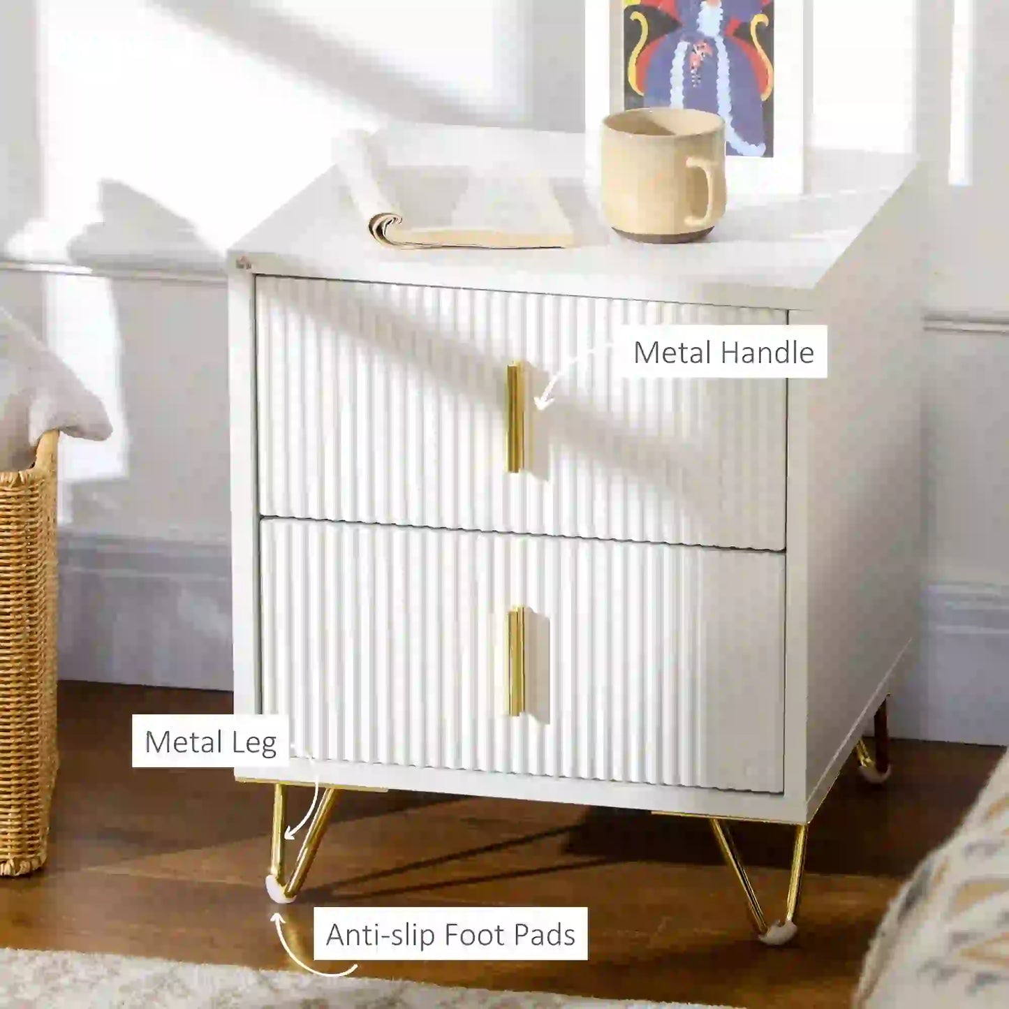 Modern Nightstand, 2 Drawers, Metal Legs, Bedroom Living Room, White Bedside Tables at Gallery Canada