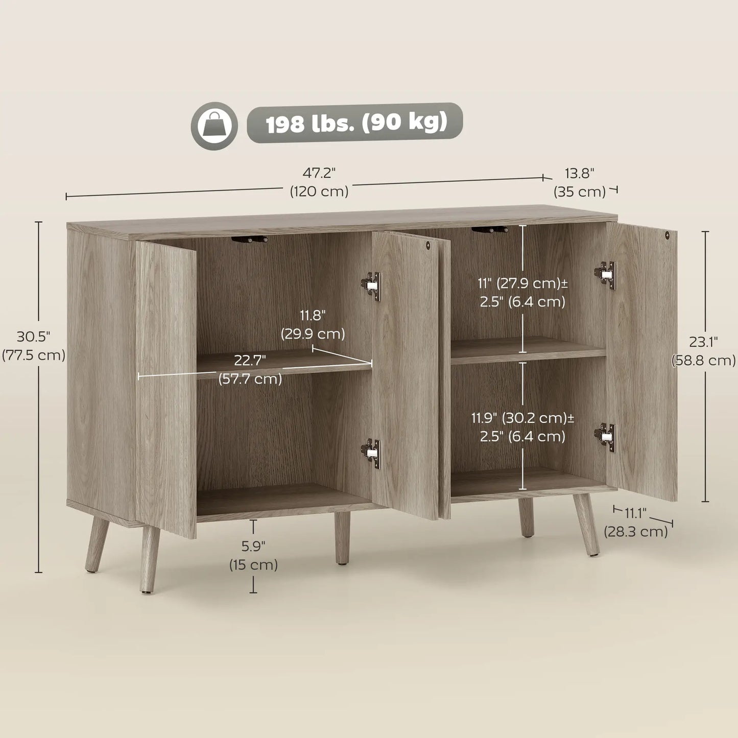 Fluted Sideboard with Adjustable Shelves, Light Grey Bar Cabinets at Gallery Canada