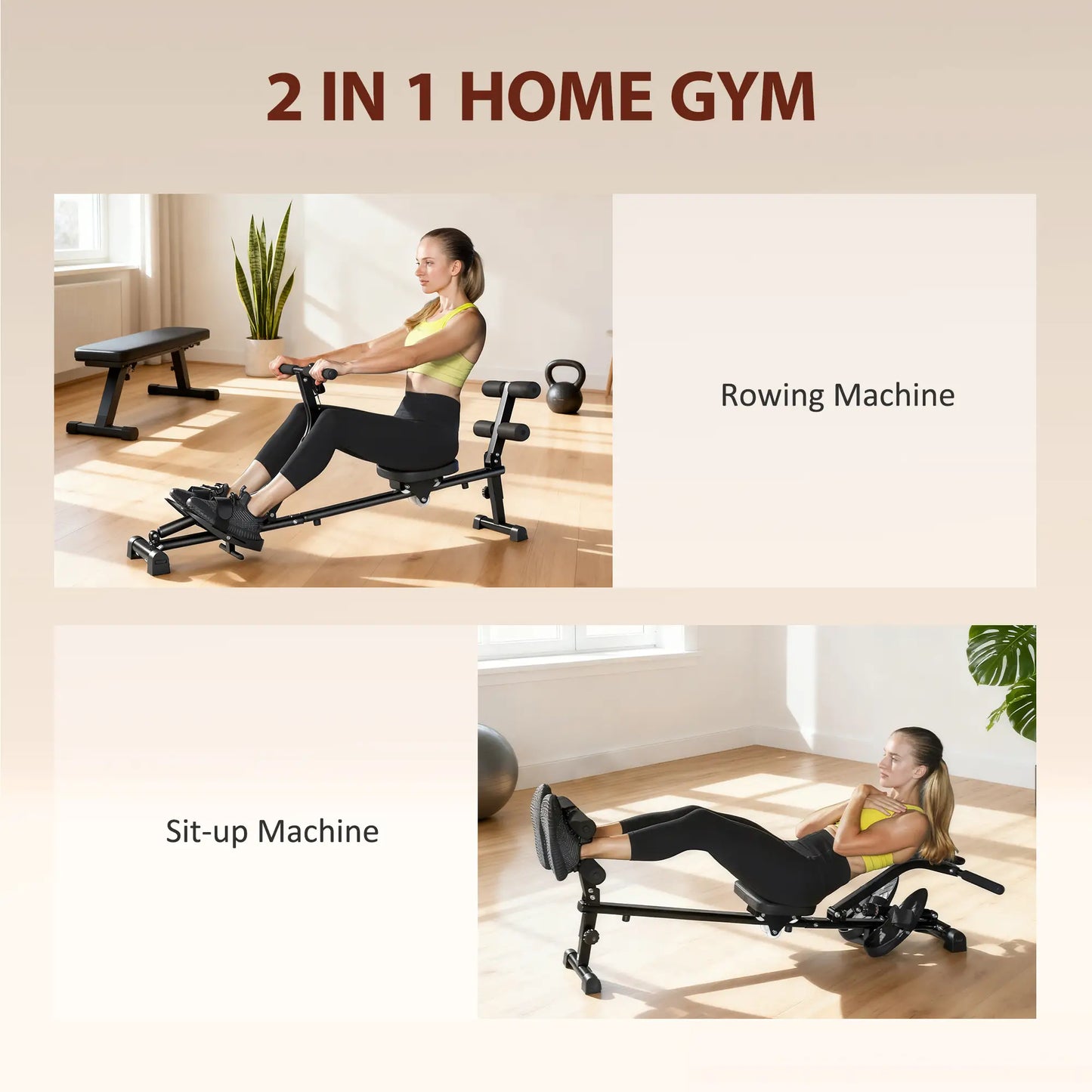 Hydraulic Rowing Machine with LCD Monitor, Sit-Up Function for Home Gym, Black Aerobic Equipment at Gallery Canada