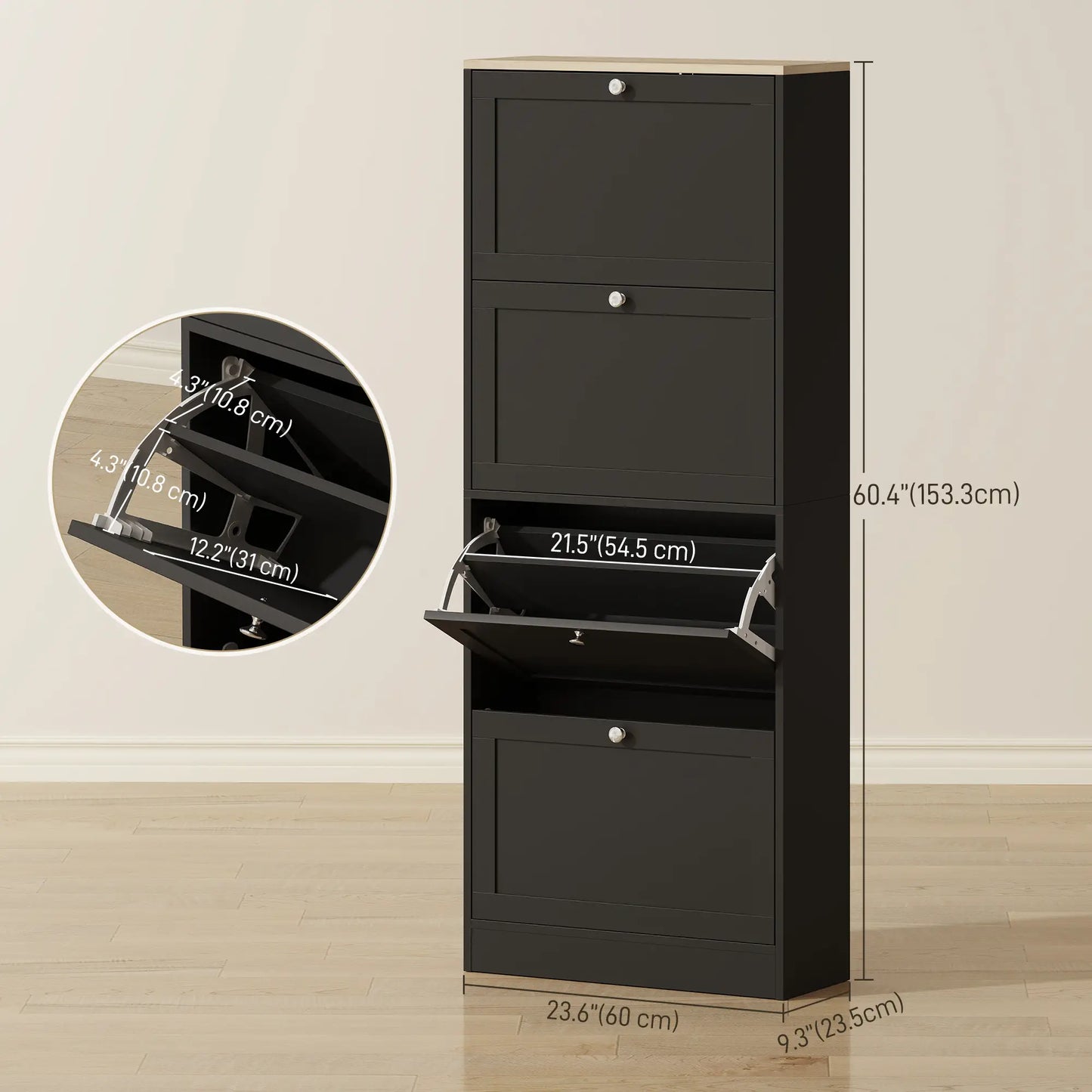 Shoe Storage Cabinet with 4 Flip Drawers, Adjustable Shelves, 18-24 Pairs, Black Shoe Storage Cabinets & Racks at Gallery Canada