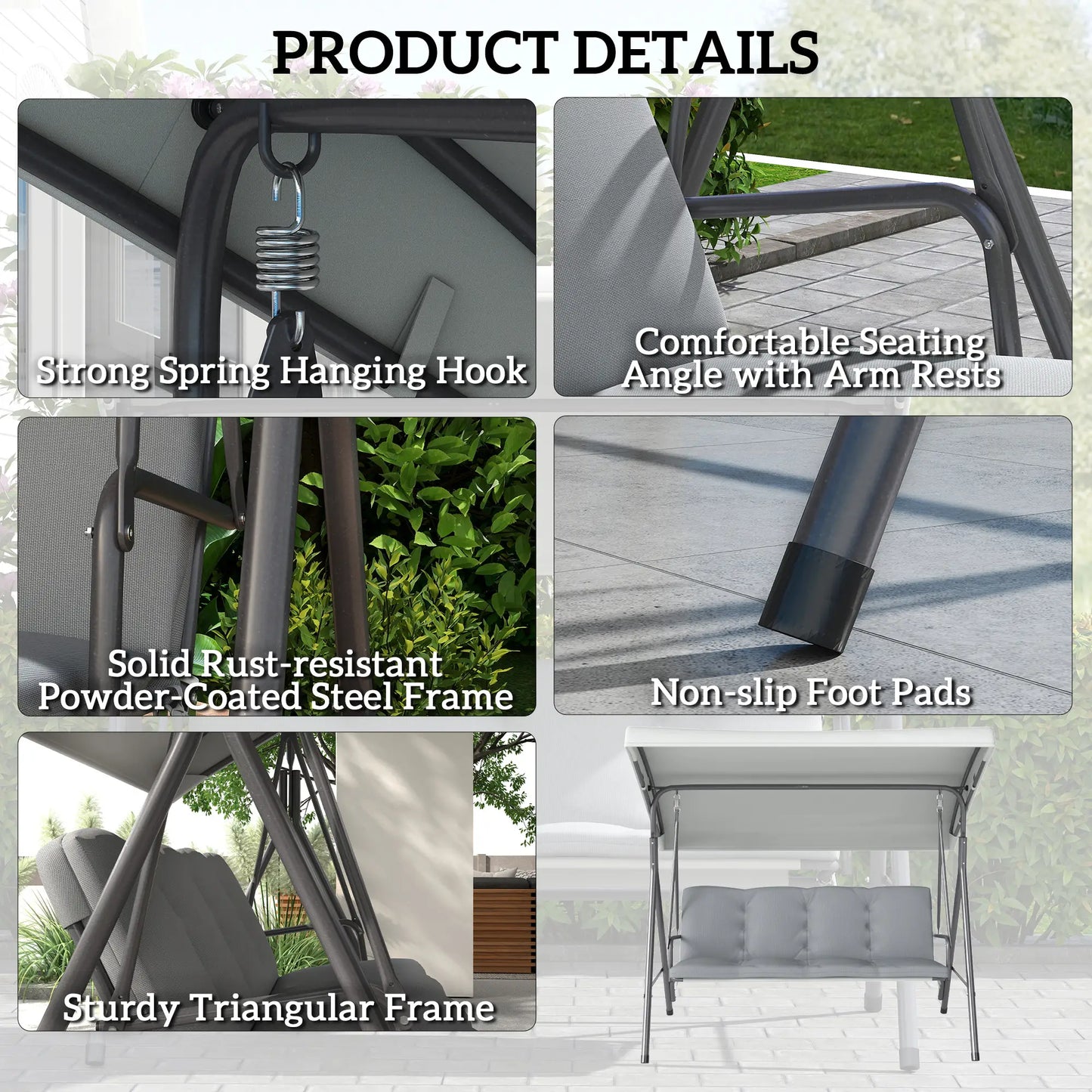 3-Seat Patio Swing Chair, Outdoor Porch Glider, Adjustable Canopy, Light Grey Patio Swings with Stand at Gallery Canada