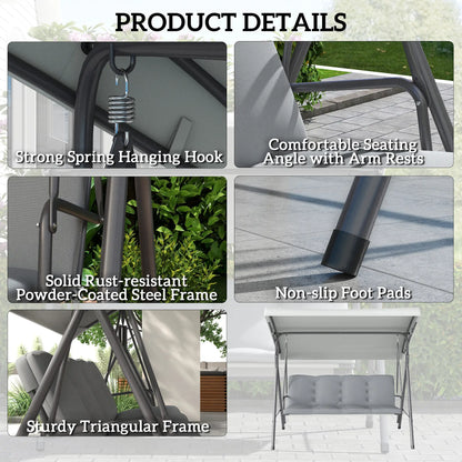 3-Seat Patio Swing Chair, Outdoor Porch Glider, Adjustable Canopy, Light Grey Patio Swings with Stand at Gallery Canada