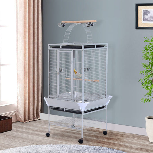 63" Large Bird Parrot Cage Stand Finch Feeder Play Top House Perch Bowl Wheels, Silver - Gallery Canada