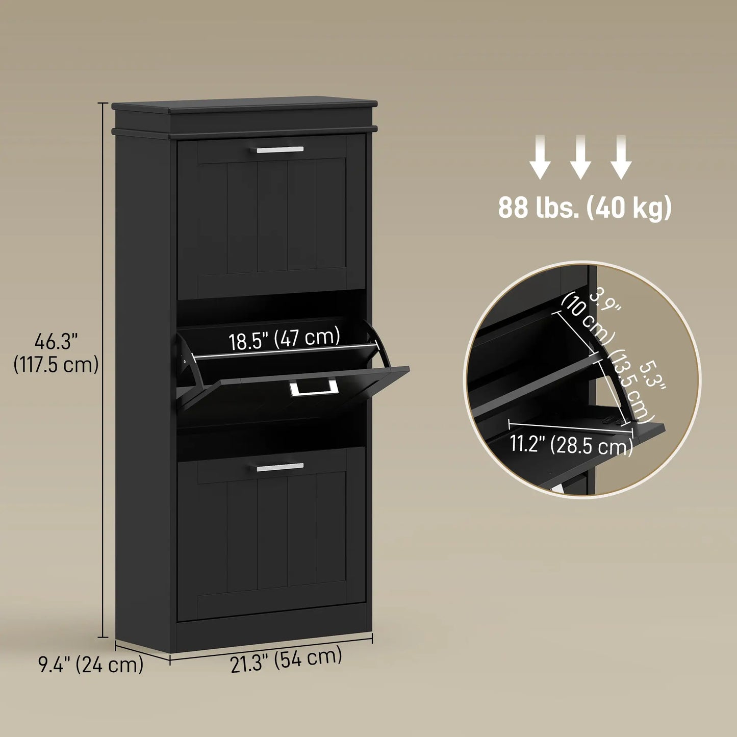 Slim Shoe Cabinet, 3 Flip Drawers, Adjustable Shelves, Holds 15 Pairs, Black Shoe Storage Cabinets & Racks at Gallery Canada