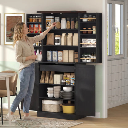 72" Tall Kitchen Pantry Cabinet, Farmhouse Storage Cabinet with 8 Door Racks and Adjustable Shelves, Black