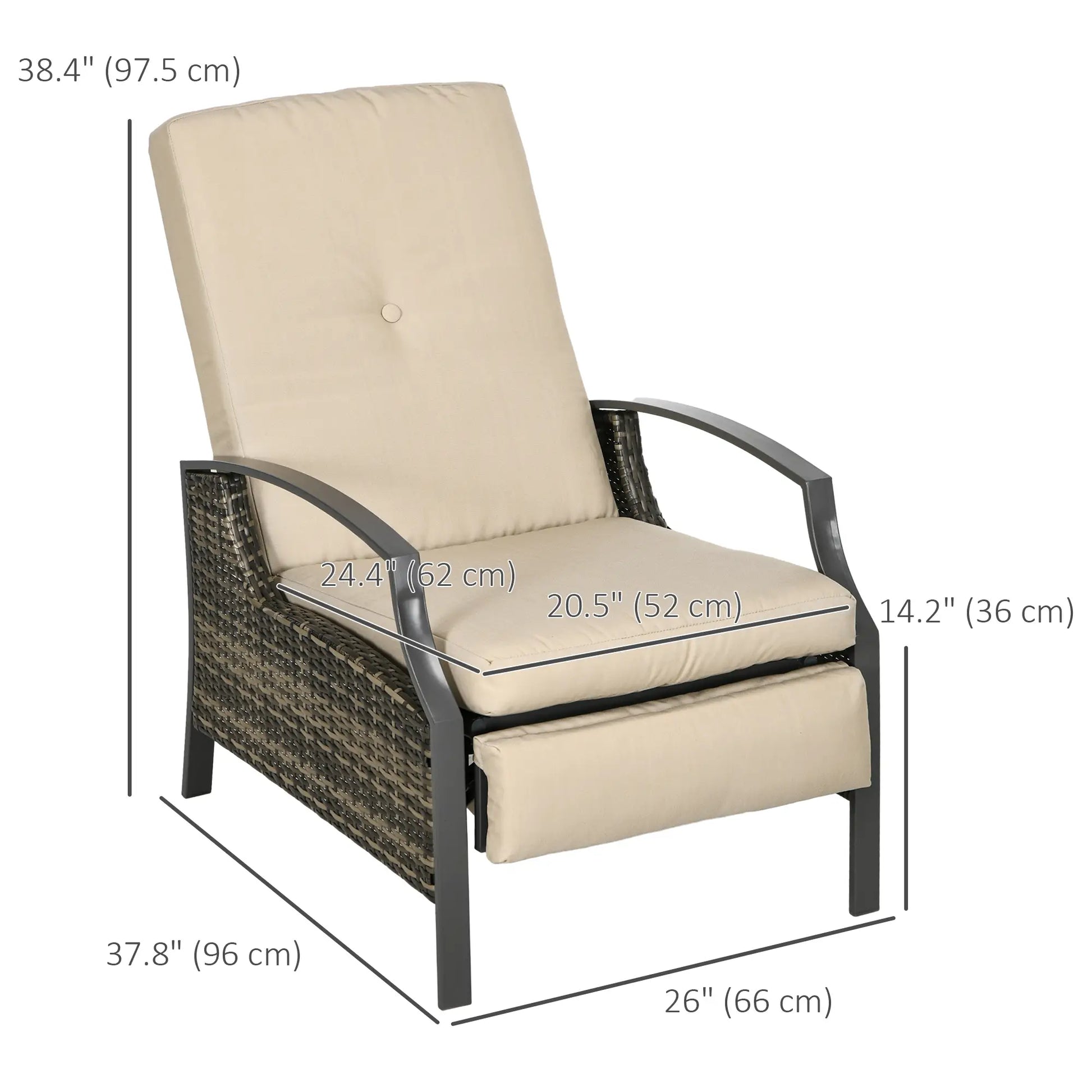Outdoor Rattan Recliner Chair, Adjustable Back, Retractable Footrest, Khaki Chaise Loungers at Gallery Canada