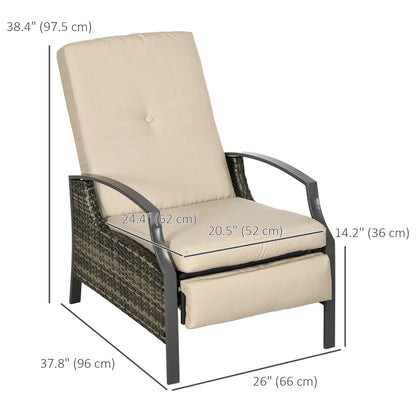 Outdoor Rattan Recliner Chair, Adjustable Back, Retractable Footrest, Khaki Chaise Loungers at Gallery Canada