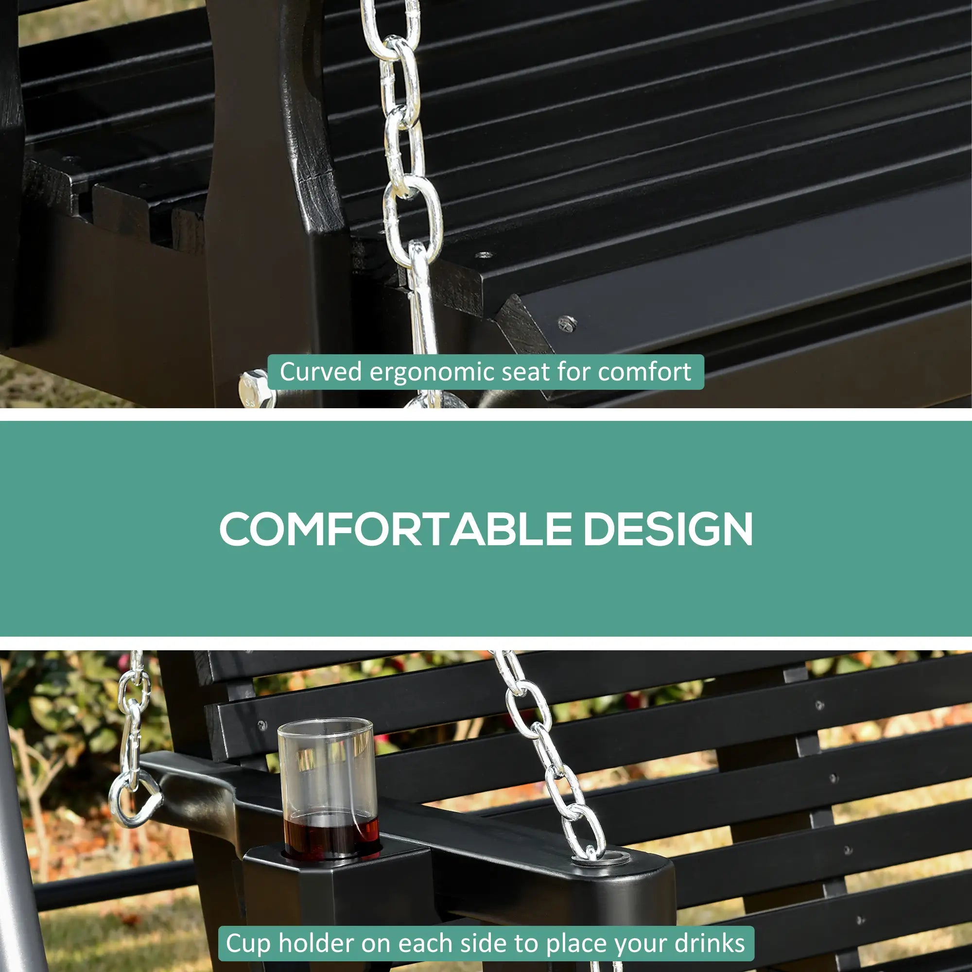 2 Seater Wooden Porch Swing, Outdoor Garden Bench, Black Hanging Porch Swings at Gallery Canada