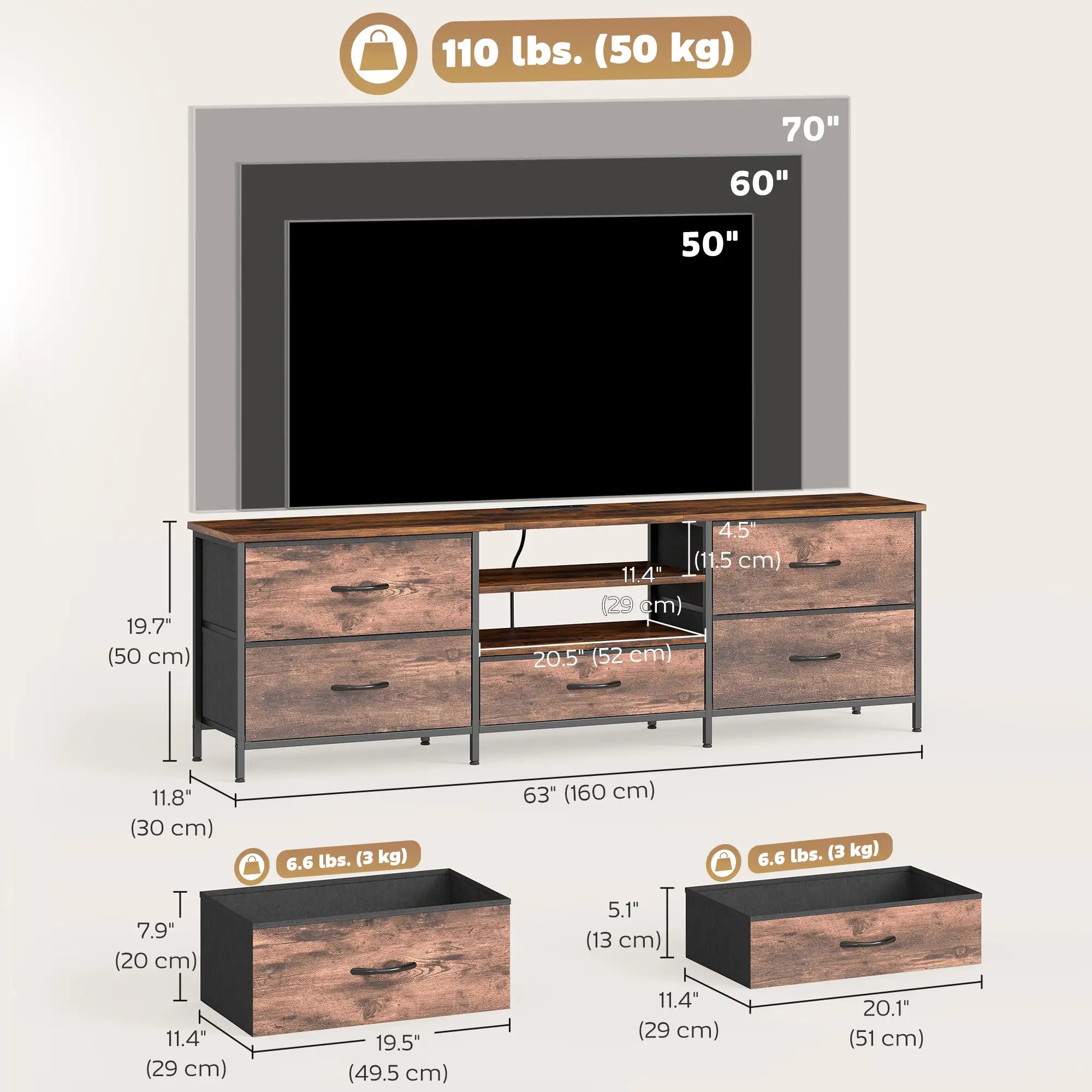 TV Stand For 70 Inch TVs, Industrial Console With Charging Station, 5 Drawers, Rustic Brown TV Stands at Gallery Canada