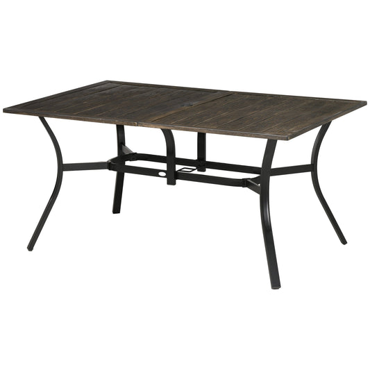 Steel Frame 59 Inch Outdoor Dining Table for Six with Parasol Hole, Wood Grain Tabletop, for Backyard, Garden, Brown - Gallery Canada