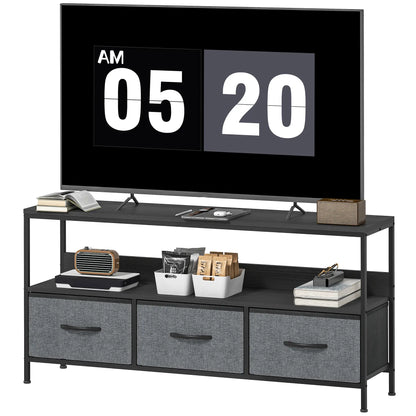 TV Stand with Charging Station, 3 Foldable Drawers, Open Shelf, 55 Inch, Black TV Stands Black, Charcoal Grey at Gallery Canada