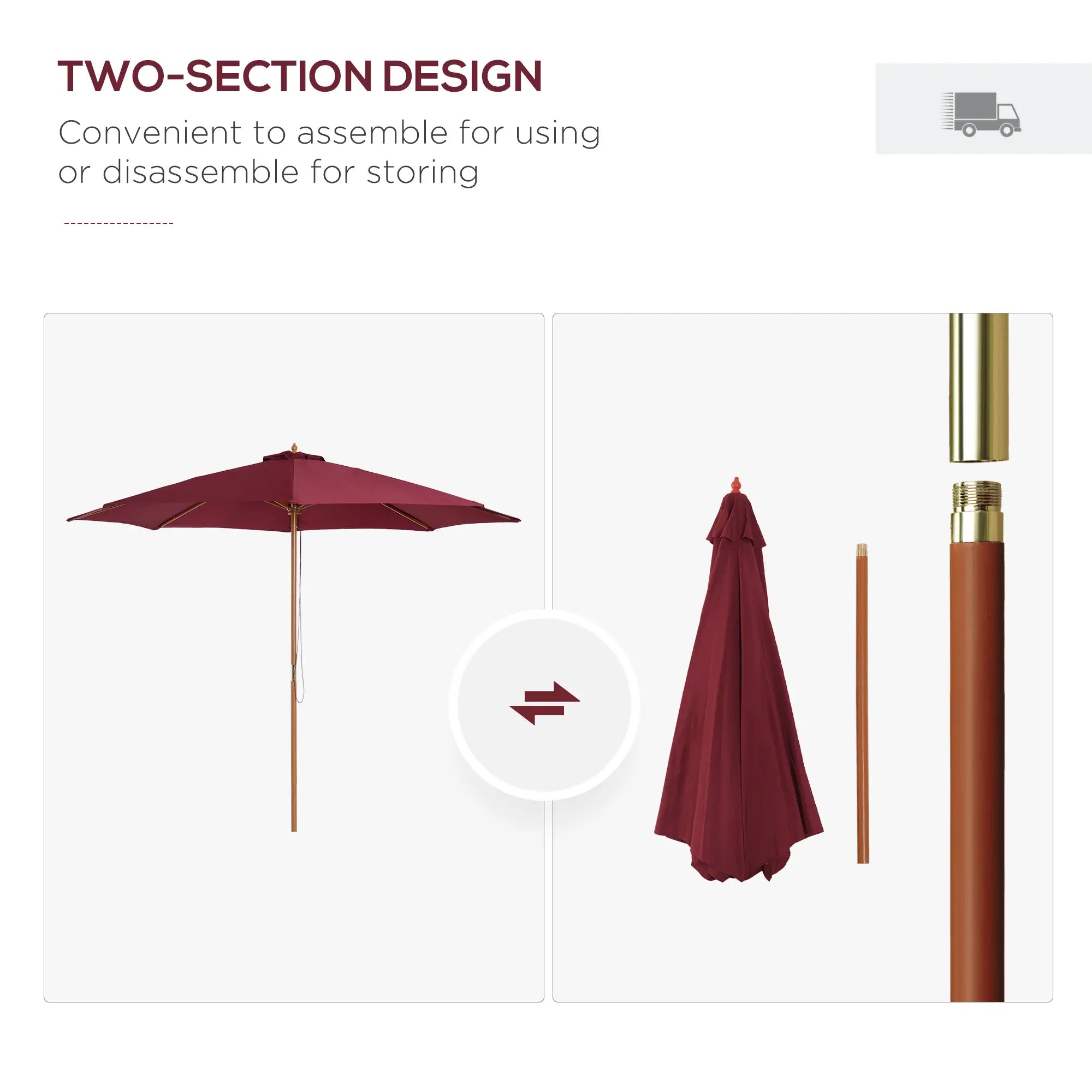 10' x 8' Bamboo Round Patio Umbrella, Wine Red Sun Umbrellas at Gallery Canada