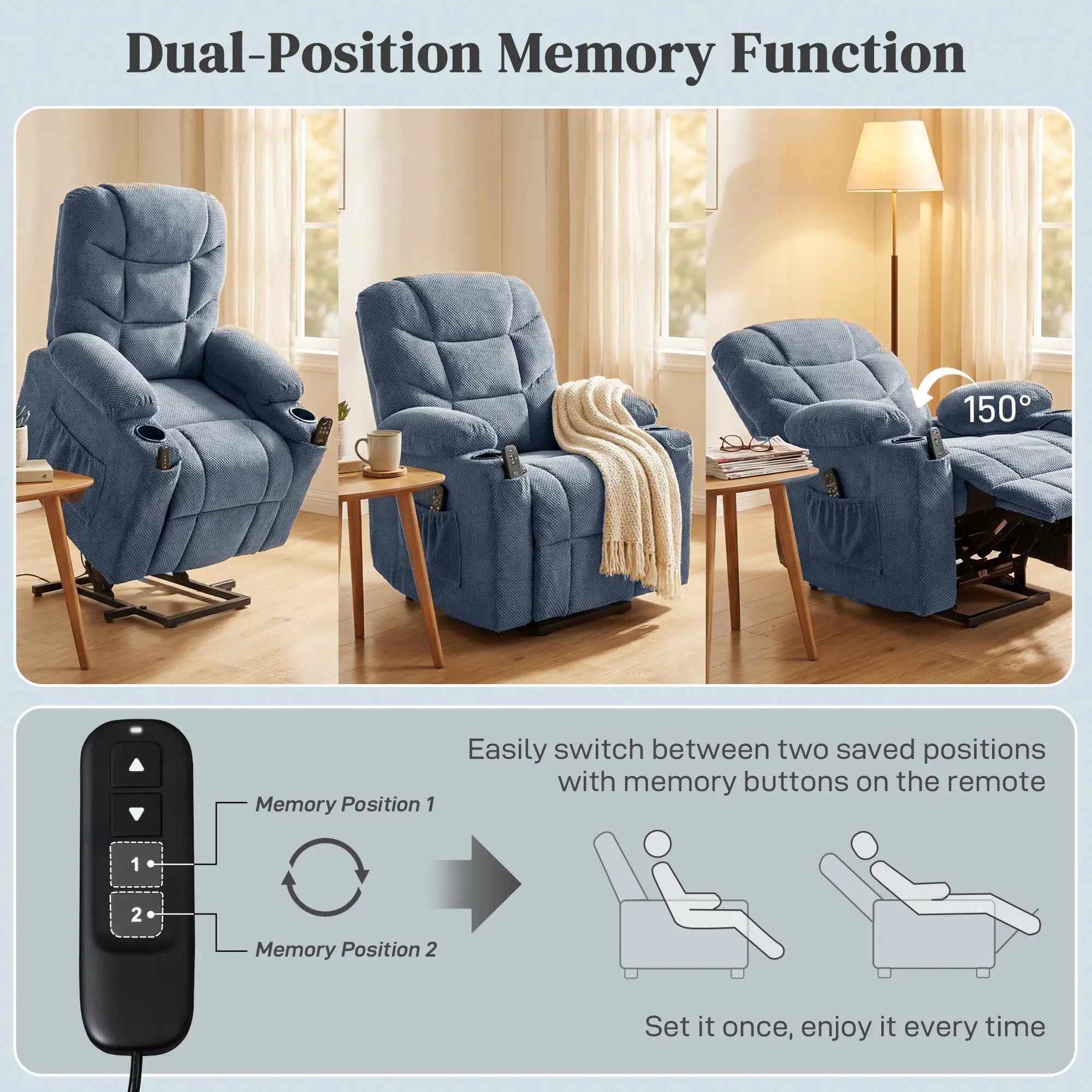 Electric Lift Recliner Chair, Massage, Side Pockets, Cup Holders, Remote, Blue Electric Power Lift Chairs at Gallery Canada