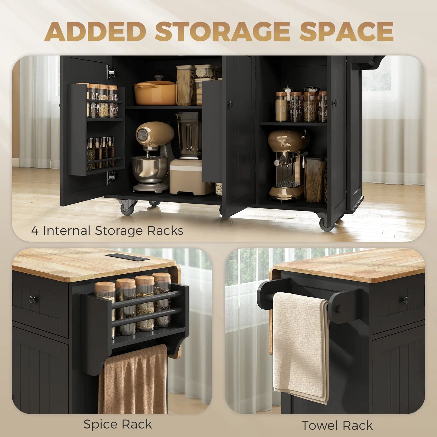 Kitchen Island On Wheels With Drop Leaf, Charging Station, Black Kitchen Islands & Kitchen Carts at Gallery Canada