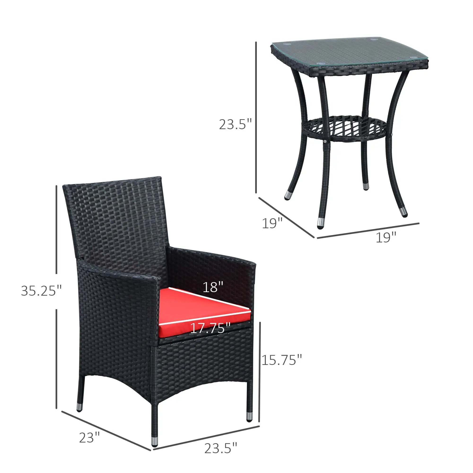 3-Piece Wicker Patio Set, Rattan Bistro with Glass Table, Cushions, Red Bistro Sets at Gallery Canada