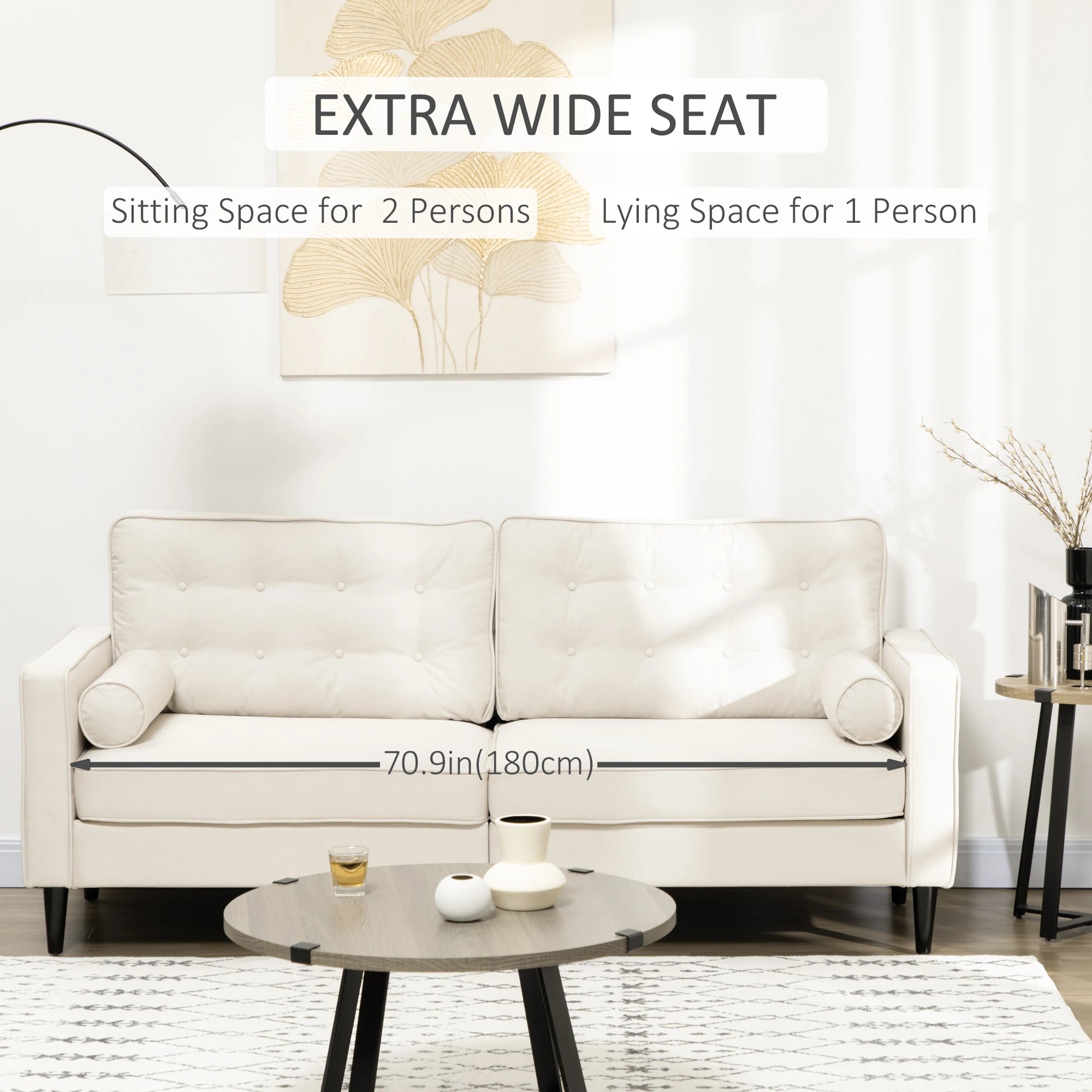 Mid-Century Sofa, Button-Tufted Back, Velvet Fabric, Cream White 3-Seater Sofas at Gallery Canada