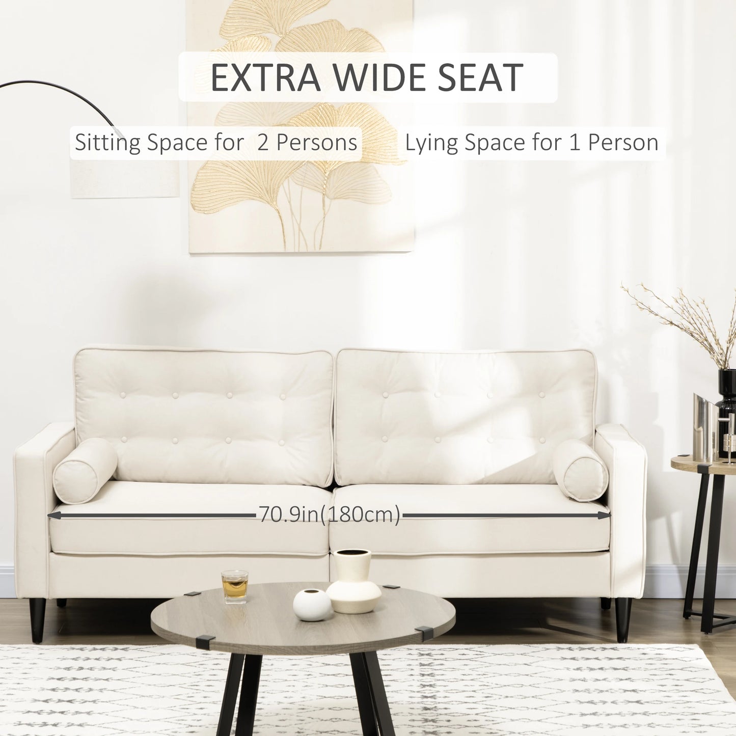 Mid-Century Sofa, Button-Tufted Back, Velvet Fabric, Cream White 3-Seater Sofas at Gallery Canada