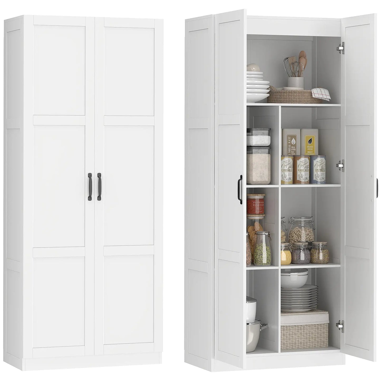 Farmhouse Pantry Cabinet, 71" Tall, Adjustable Shelves, Soft-Close Hinges, White Kitchen Pantry Cabinets at Gallery Canada
