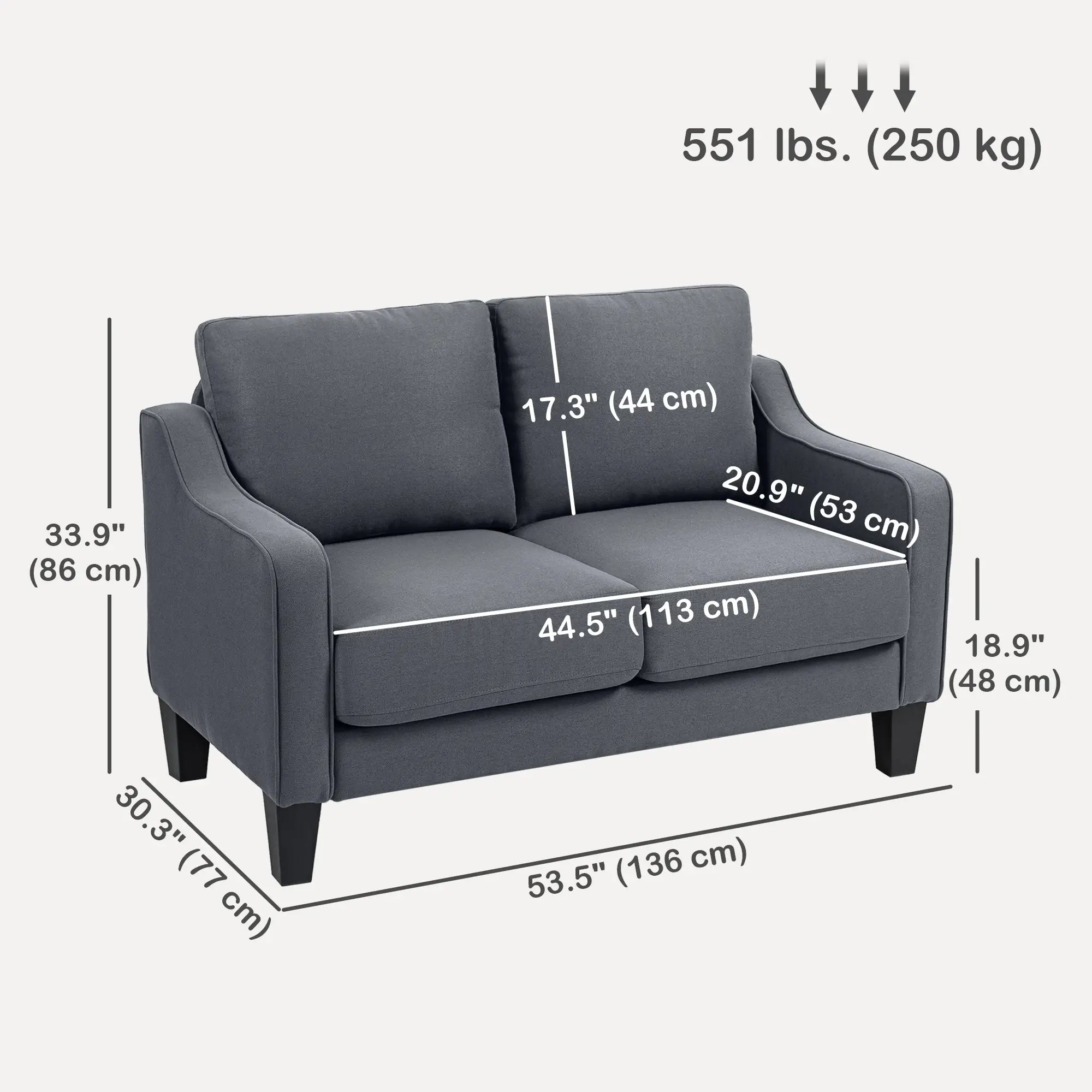 Modern Loveseat Sofa, Pocket Spring, Linen Upholstered, Charcoal Grey 2-Seater Sofas at Gallery Canada