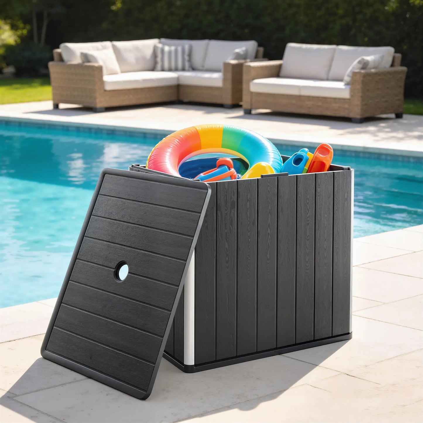 30 Gallon Storage Box, Outdoor Side Table with Umbrella Holder, Black Patio Storage Boxes at Gallery Canada