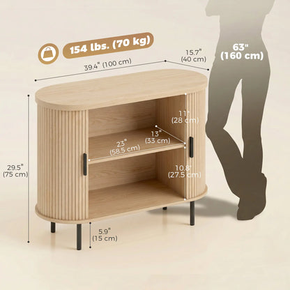 Sideboard Buffet Cabinet with Curved Tambour Doors, Natural Wood, Natural Wood