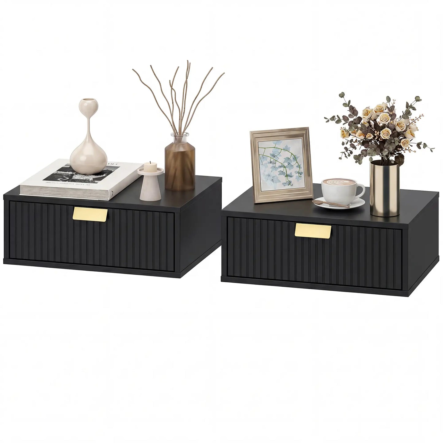 Modern Floating Nightstands, Set of 2, Wall Mounted, Wave Drawer, Black