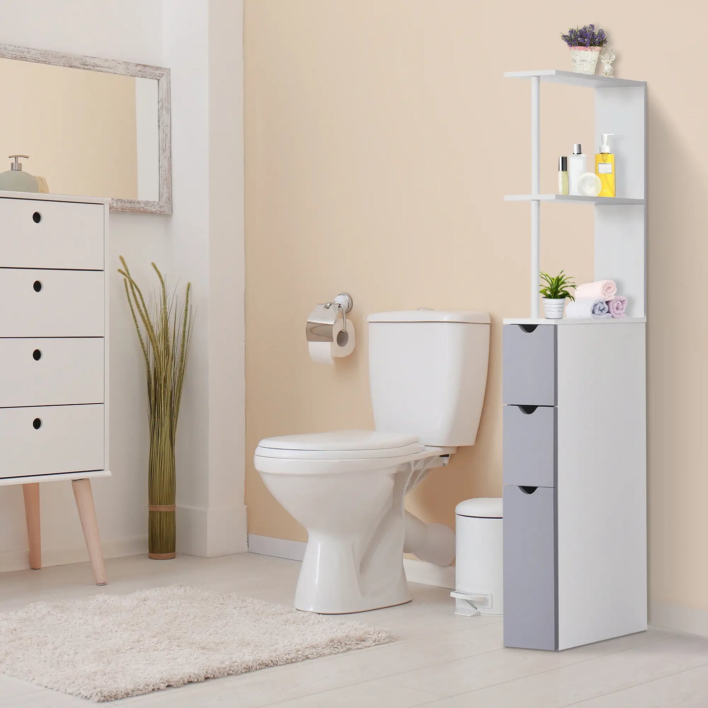 Tall Narrow Bathroom Storage Cabinet with Drawers, Open Shelves, White Grey Bathroom Cabinets at Gallery Canada